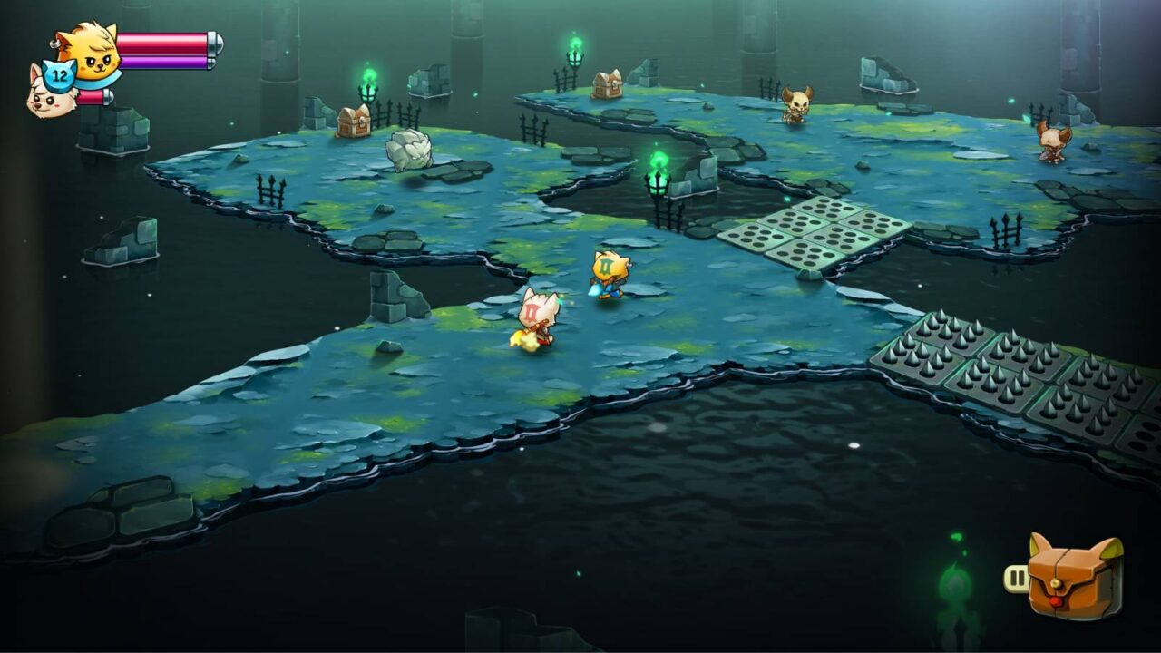 Einblick ins Spiel: Niedliche Katzen- und Hundefigur rennen durch eine dunkle Höhle voller Fallen und Monster.