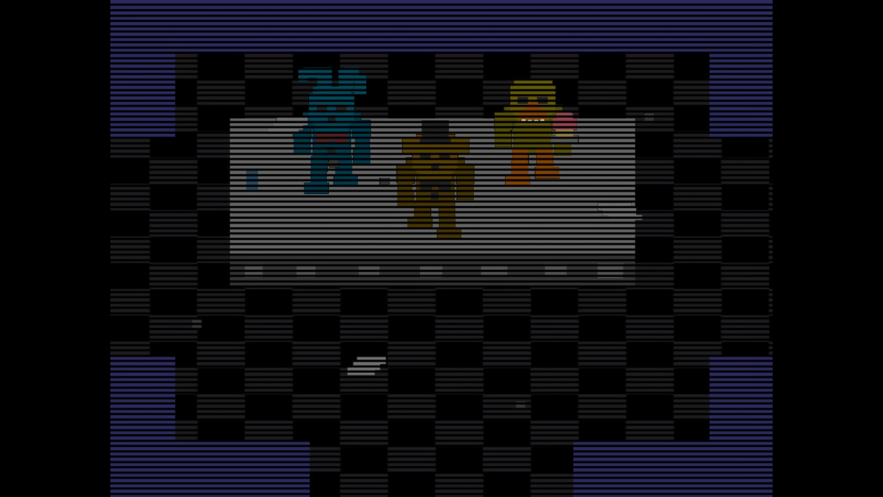Drei mechanische Tierfiguren auf einer Bühne im Retro-Pixel-Stil.