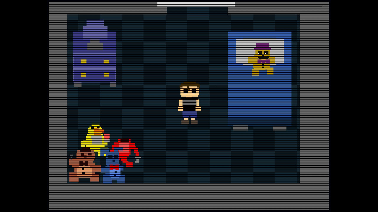 Einblick ins Spiel: Junge steht in einem Kinderzimmer im Retro-Pixel-Art-Stil.