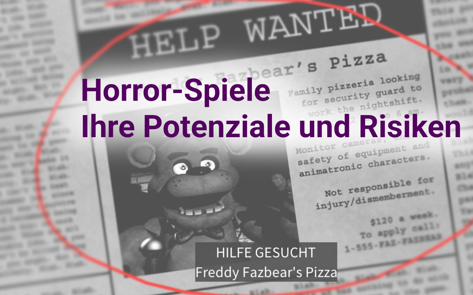 Fiktiver Zeitungsartikel aus Five Nights at Freddy's, darüber der Titel in lila Schrift: Horror-Spiele, Ihre Potenziale und Risiken