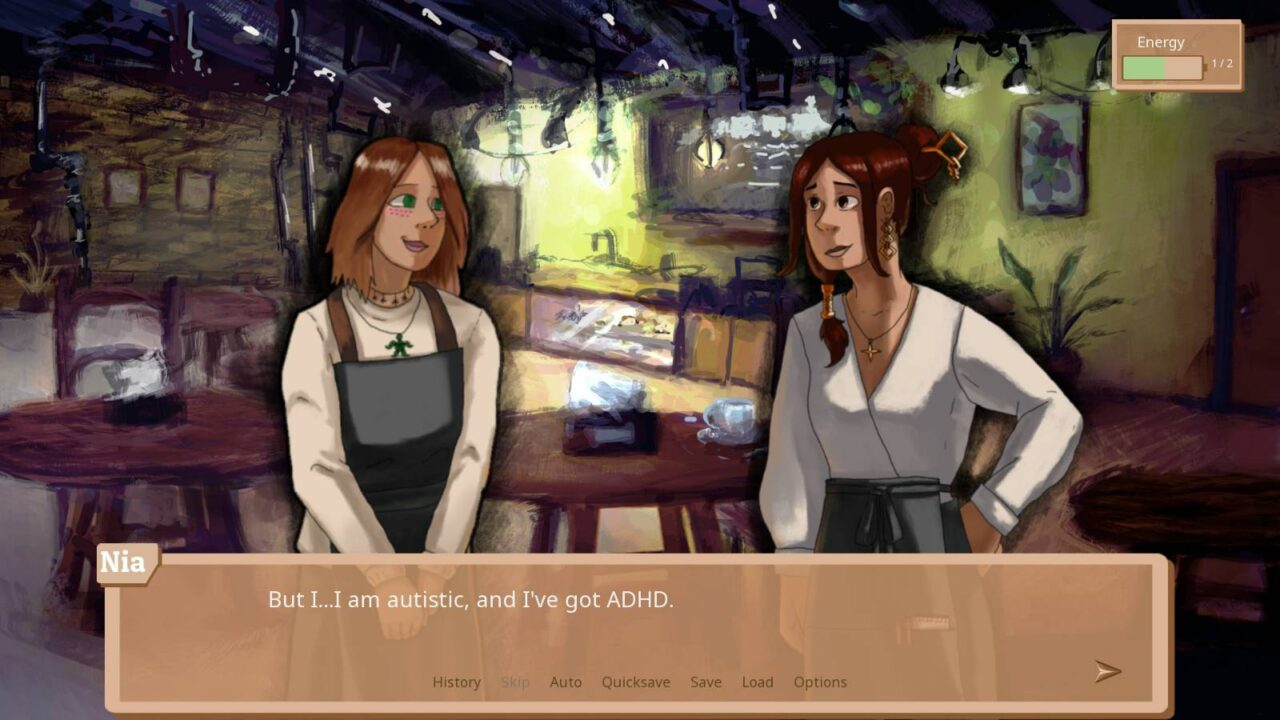 Eine gezeichnete Frau namens Nia erklärt einer anderen Frau, dass sie autistisch ist und ADHS hat.