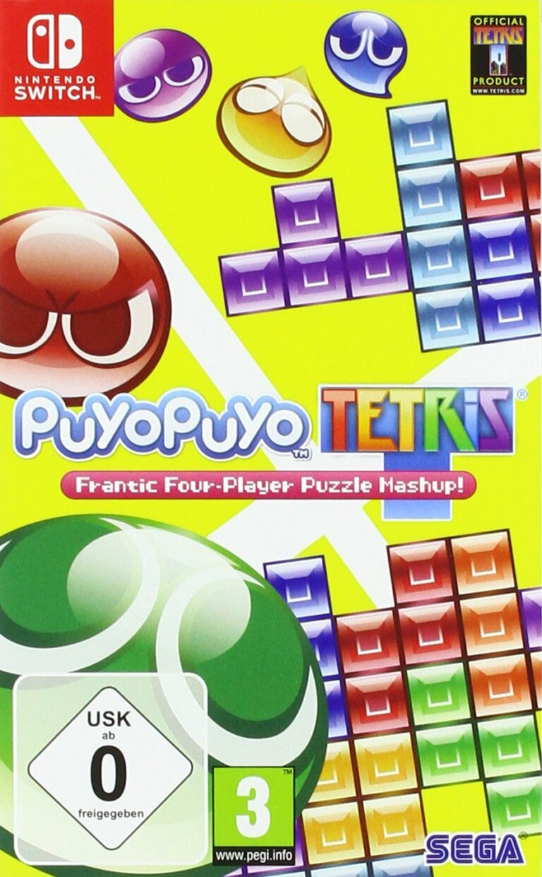 Nintendo Switch-Spielhülle von Puyo Puyo Tetris mit bunten Kugeln und Blöcken, USK 0.