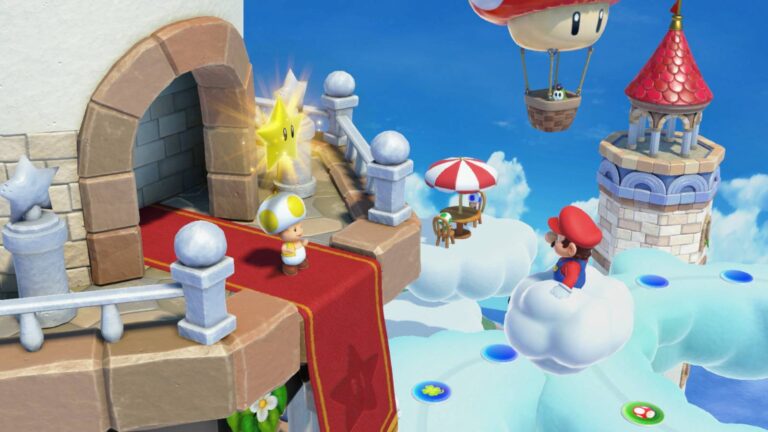 Mario auf einer Wolke vor einem Toad mit einem Stern.