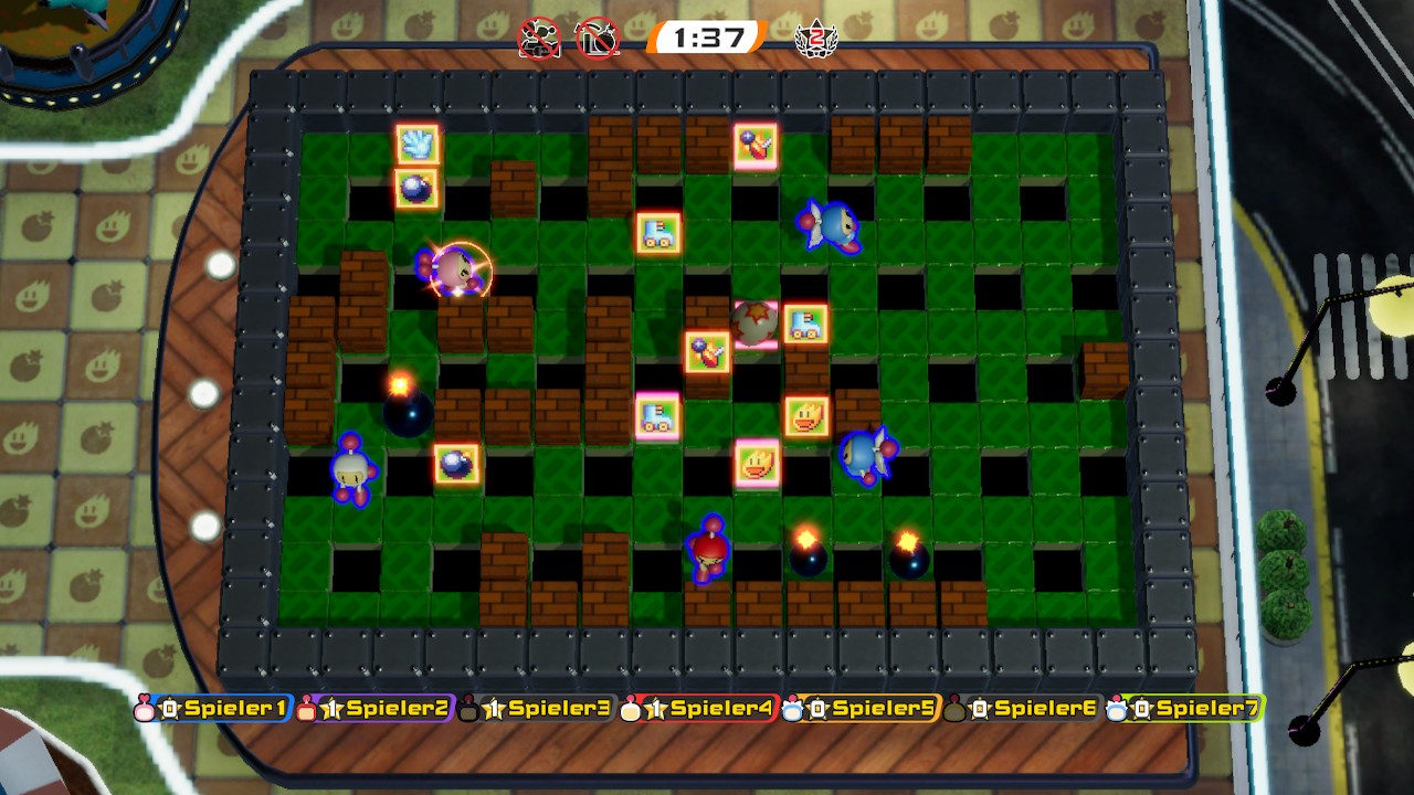 In einer labyrinthartigen Arena werden von Cartoon-Spielfiguren Bomben platziert.