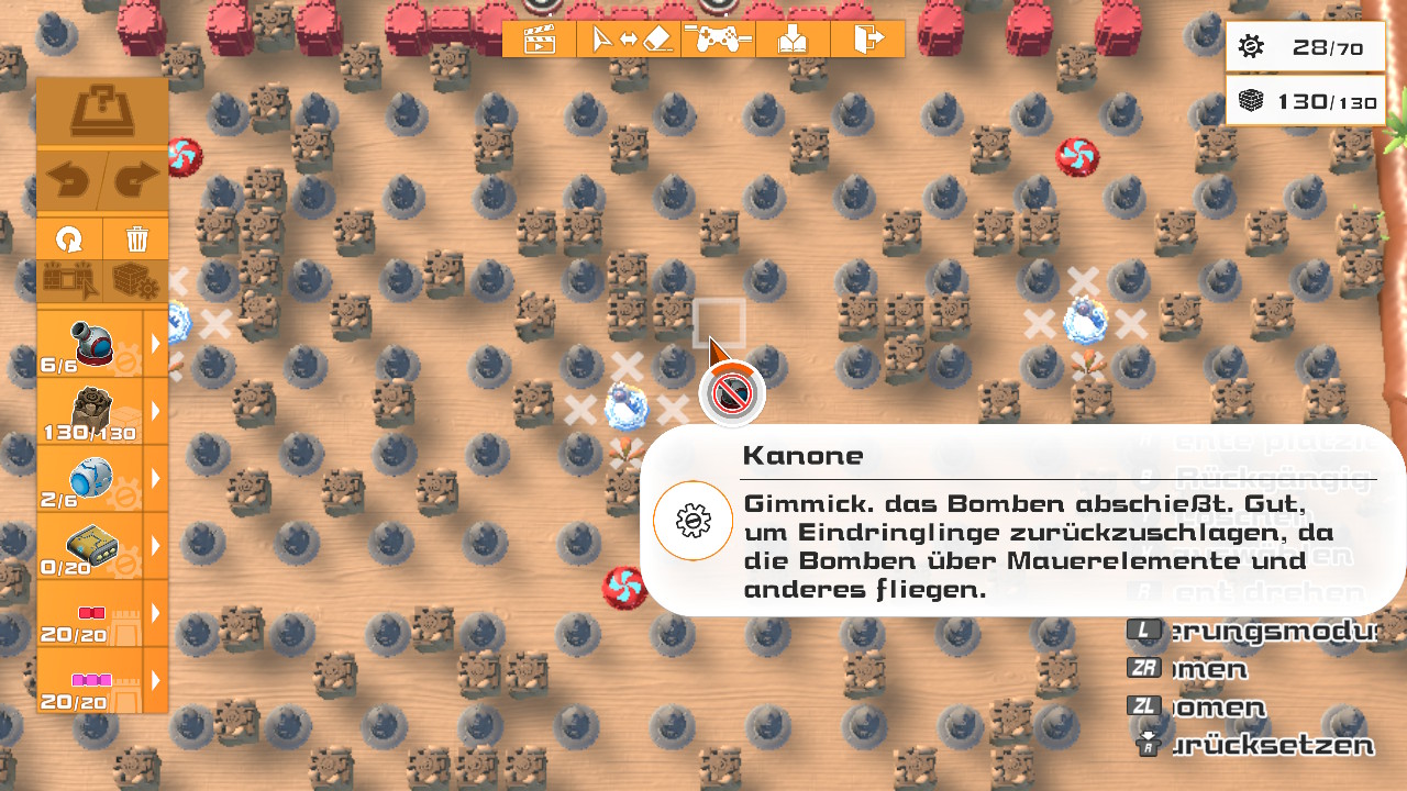 Der LevelEditor mit verschiedenen Optionen, die Arena anzupassen: Es können Blöcke oder Kanonen gesetzt werden.