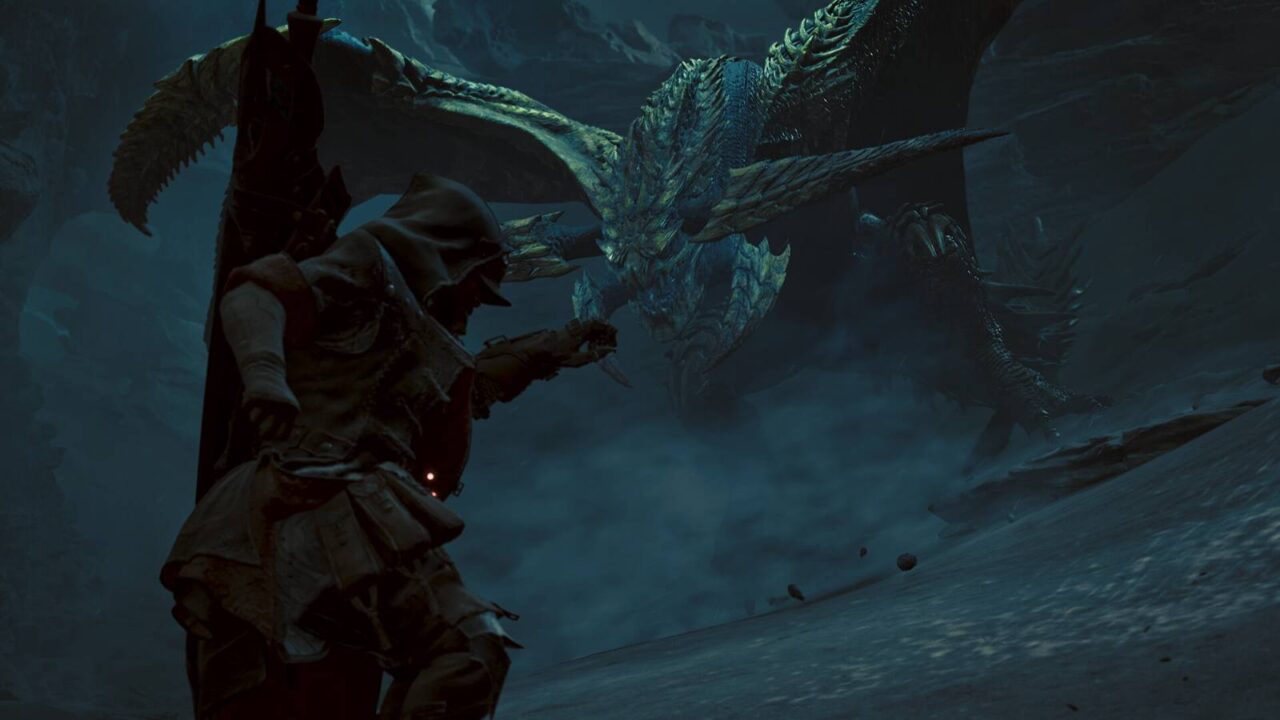 Ein drachenartiges Monster greift einen Jäger in einer düsteren Landschaft an.