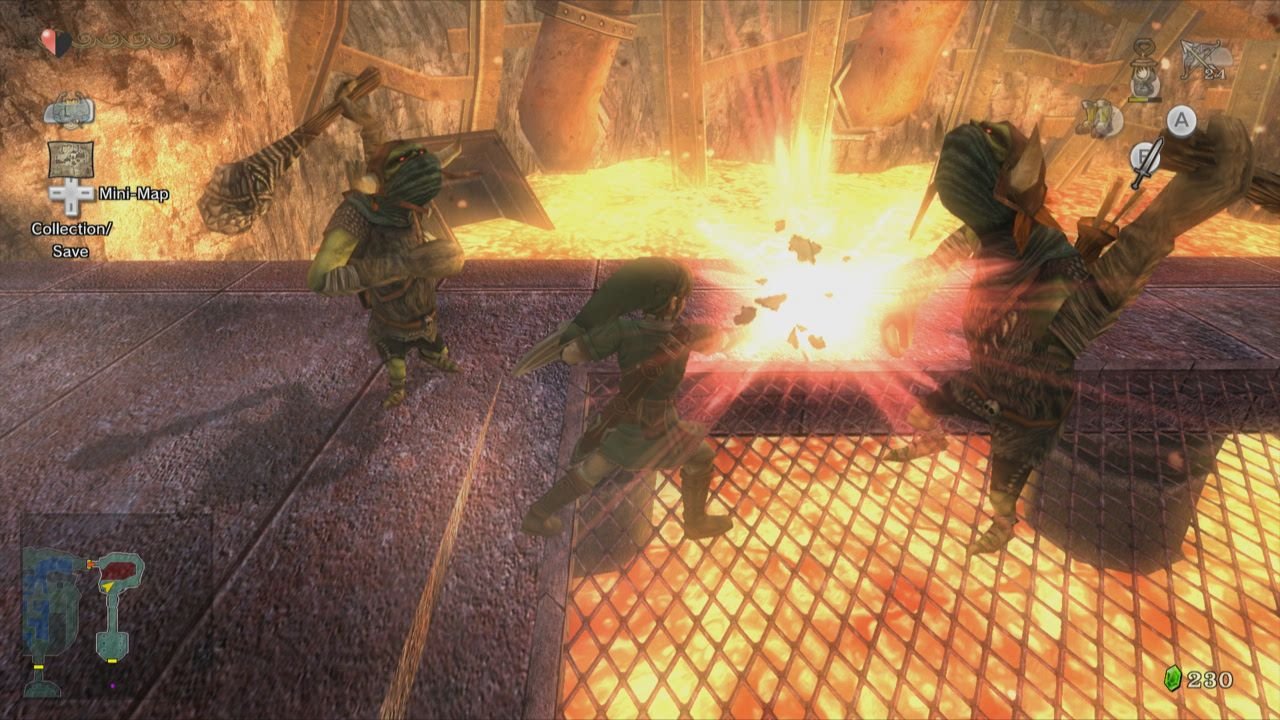 Link kämpft auf einer Brücke über Lava koboldartige Gegner.