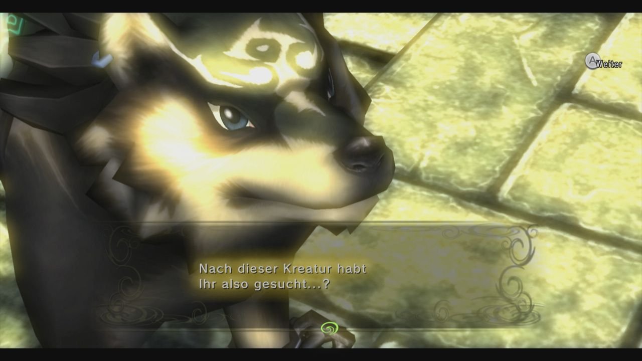 Wolf mit besonderer Musterung auf der Stirn schaut in die Kamera. Vor ihm ist eine Textbox, in der steht "Nach dieser Kreatur habt Ihr also gesucht...?".