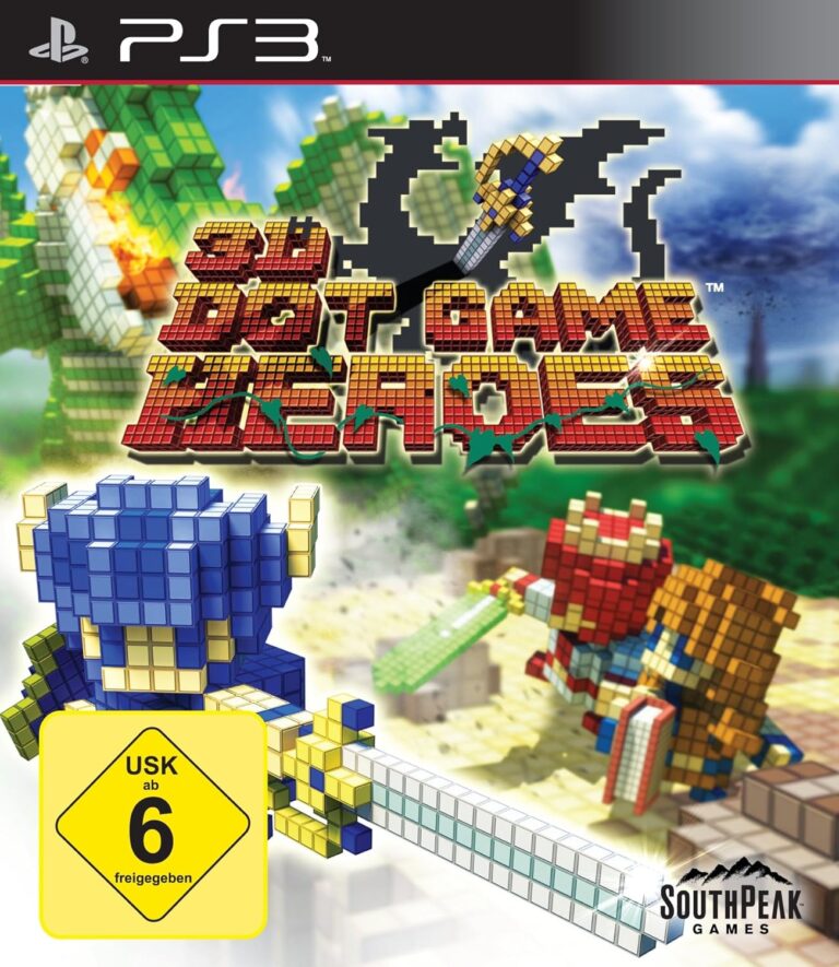 PS3-Spielhülle von 3D Dot Game Heroes mit einem Pixel-Helden, USK 6.