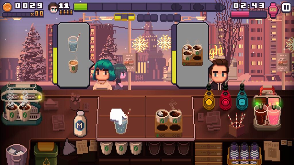 Pixelartige Theke, an der zwei Kunden bedient werden.