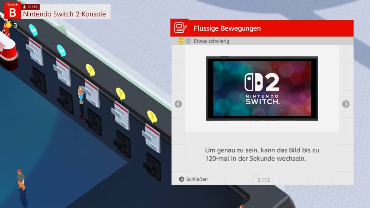 Einblick in das Spiel Nintendo Switch 2 Welcome Tour: Spielfigur liest Infotafel über die Switch 2.