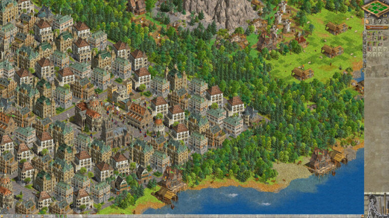 Kartenansicht mit pixeligen Bäumen und Gebäuden.