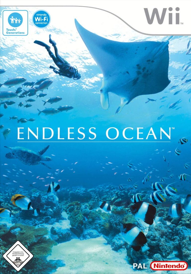 Wii-Spielhülle Endless Ocean mit einem Tauchter und vielen Fischen unter Wasser, USK 0.