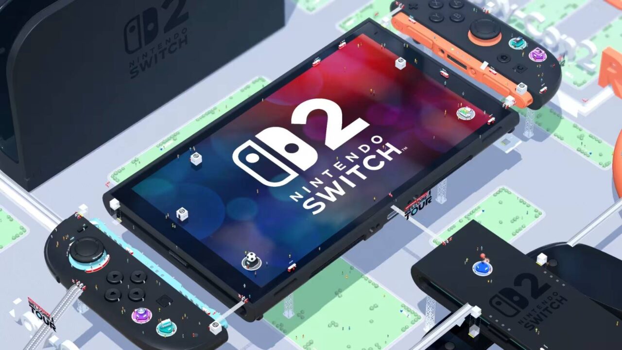 Eine große Nachbildung der Nintendo Switch 2 und Zubehör.