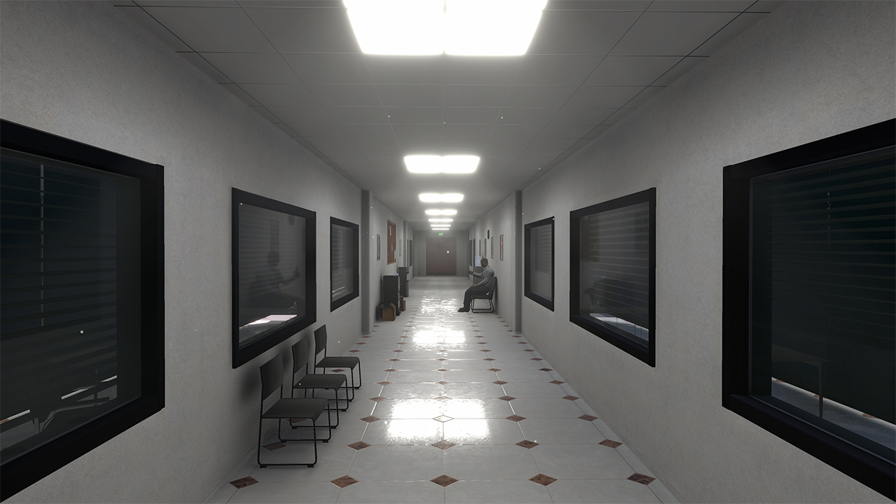 Ein Flur mit Stühlen und Fenstern.