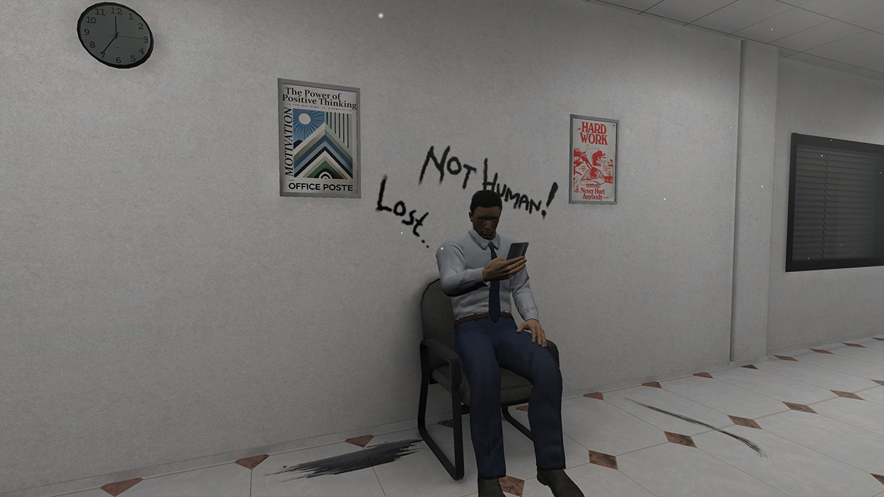 Mann sitzt vor einer Wand, auf der mit schwarzer Schrift "Not human" und "Lost" steht.