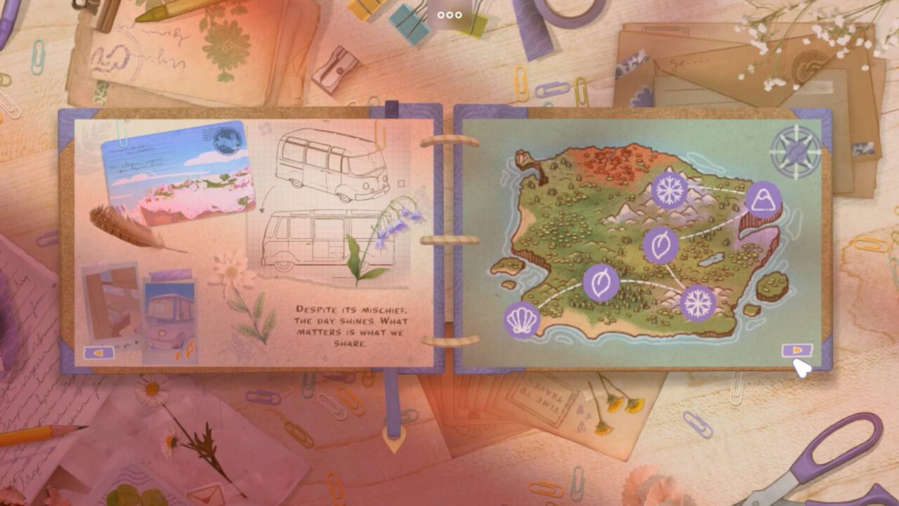Offenes Reisetagebuch auf chaotischem Tisch. Auf der linken Seite steht "Despite its mischief, the day shines. What matters is what we share.". Auf der rechten Seite sieht man die Levels und seinen Fortschritt in der Umgebung.