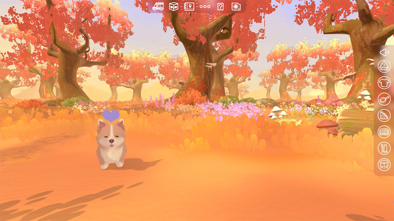 Ein Corgi steht in einer soften Herbstlandschaft mit einem lila Herzen über seinem Kopf.