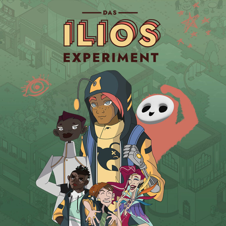 Uberschrift ist "Das Ilios Experiment" und darunter verschiedene Spielfiguren abgebildet