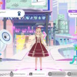 Spielfigur im süßen Kleid steht in einer bunten Großstadt.