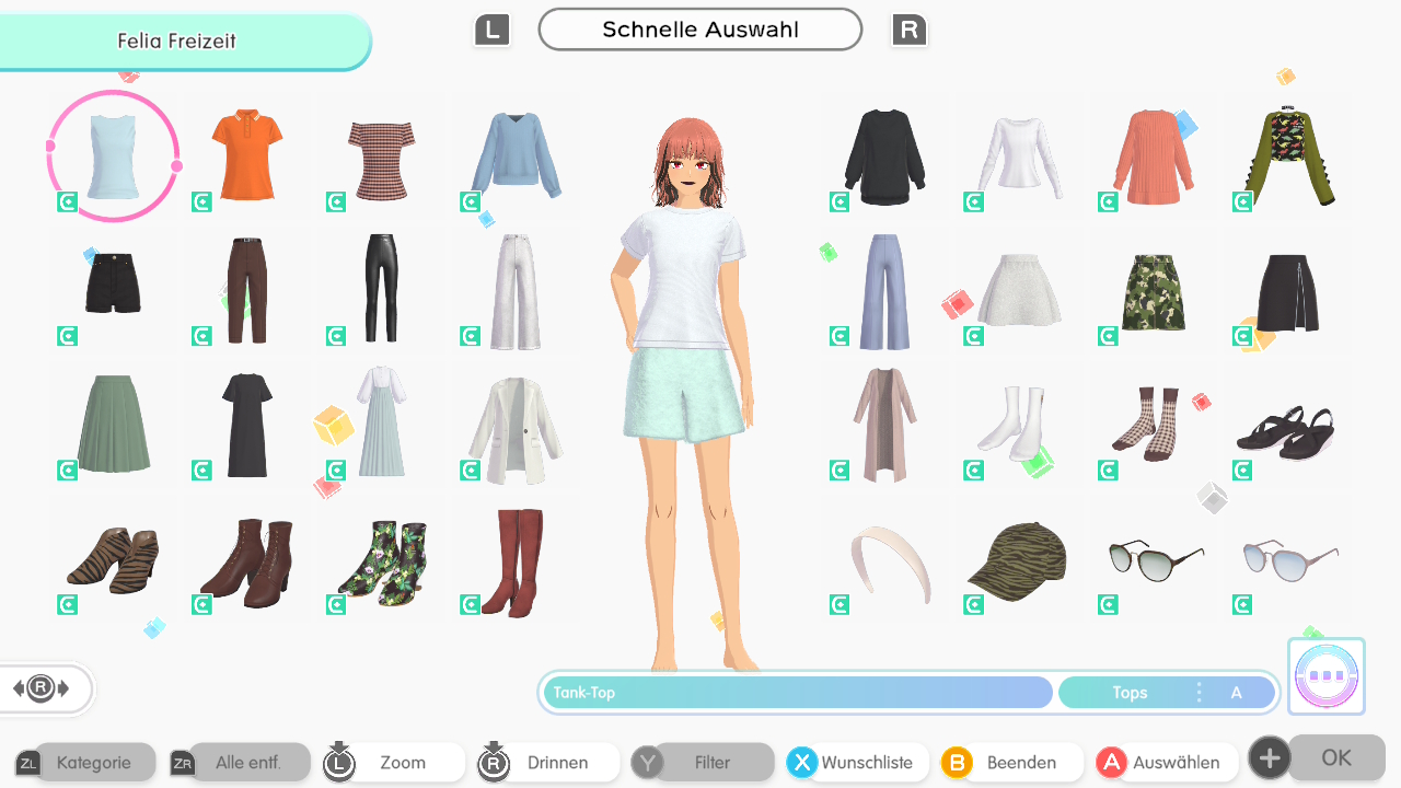 Verschiedene Kleidungsstücke können ausgewählt werden, um eine Spielfigur anzuziehen.