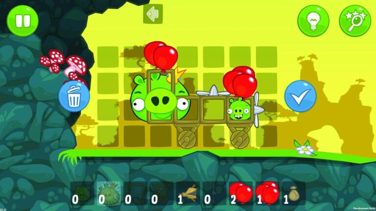 Grüne Schweine sitzen in einem Holzwagen.