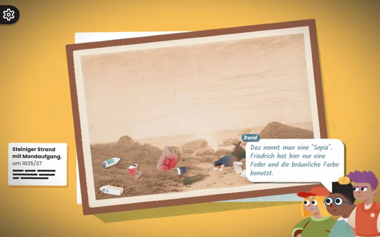Museumsbild wird in Sprechblase von Jungen namens David erklärt: "Das nennt man Sepia. Friedrich hat hier nur eine Feder und bräunliche Farbe genutzt".
