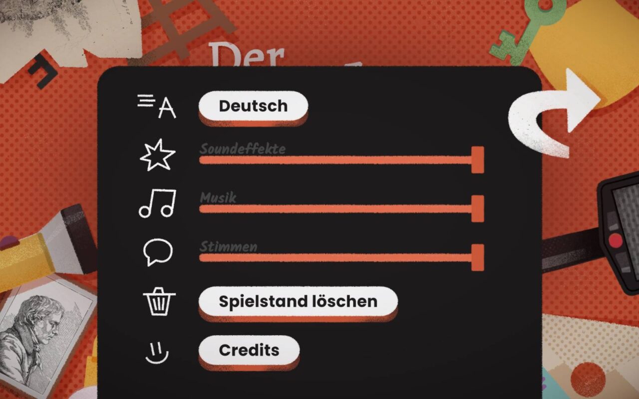 Spieleinstellung wie die Lautstärkeregler der Soundeffekte, Musik, Stimmen.