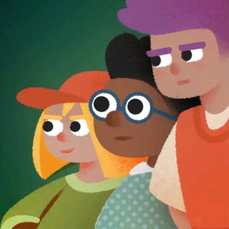 Drei junge Menschen im Seitenprofil mit ernstem Blick.