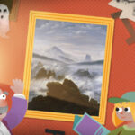 Altere Mann guckt panisch auf das Kunstwerk Wanderer über dem Nebelmeer, weil der Wanderer nicht mehr auf dem Gemälde zu sehen ist. Drei junge Menschen sind rechts im Bild gegenüber vom Mann.