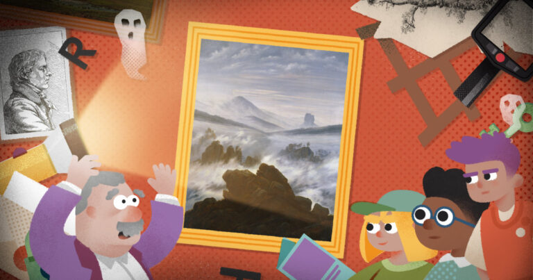 Altere Mann guckt panisch auf das Kunstwerk Wanderer über dem Nebelmeer, weil der Wanderer nicht mehr auf dem Gemälde zu sehen ist. Drei junge Menschen sind rechts im Bild gegenüber vom Mann.