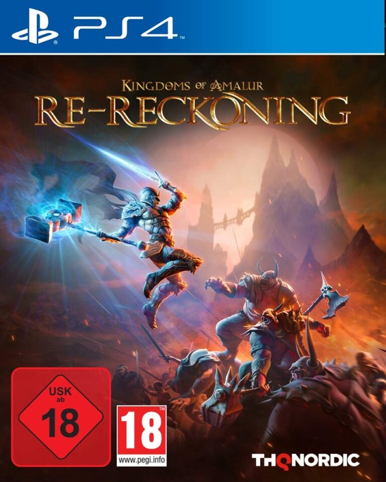 Der Packshot von Kingdoms of Amalur: Re-Reckoning. Ein Krieger greift im Sprung mit Schwert und Hammer eine Horde Gegner an.