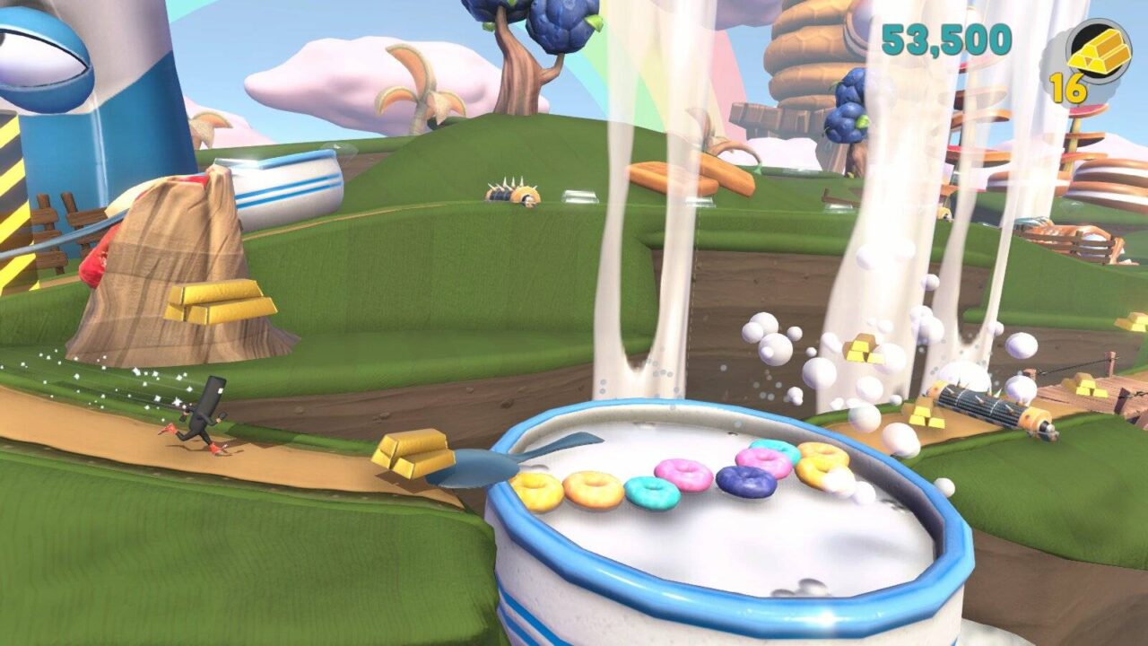 Commander Video hüpft über eine riesige Schüssel Cornflakes.