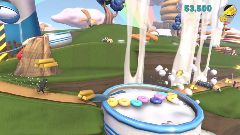 Commander Video hüpft über eine riesige Schüssel Cornflakes.