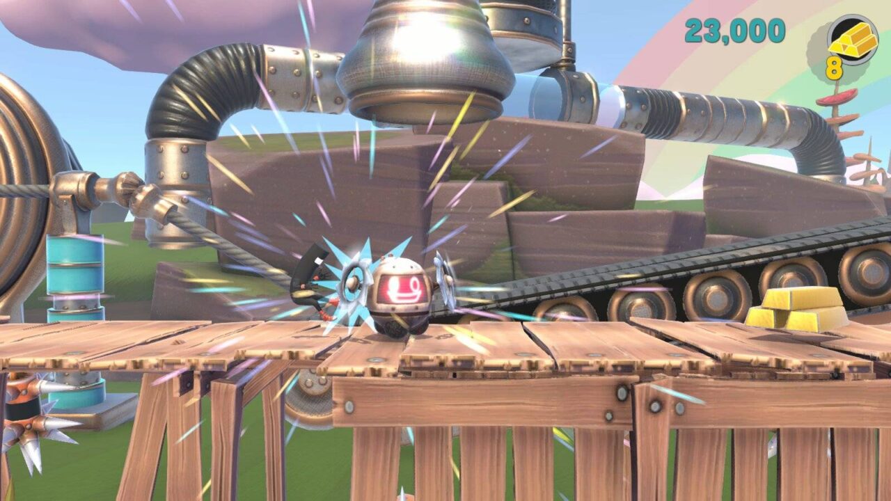 Ein Roboter mit Sägeblattern an den Armen steht Commander Video im Weg.