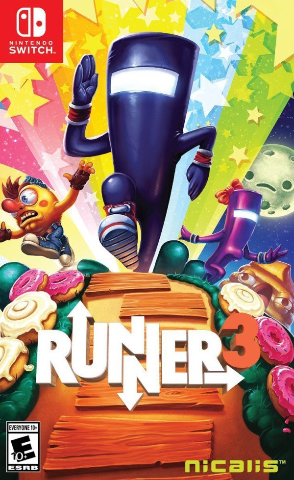 Packshot von Runner3, der den Protagonisten und weitere Charaktere zeigt.