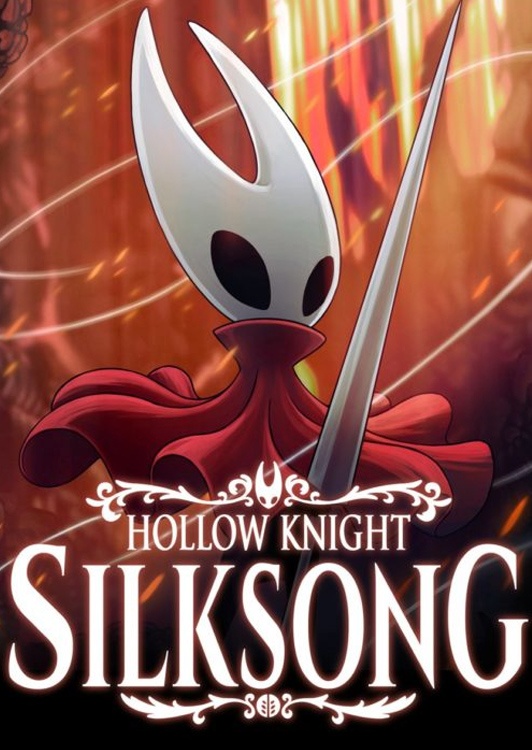 Packshot von Hollow Knight: Silksong, der Hornet mit ihrer Waffe und umringt von einem Seidenfaden zeigt.