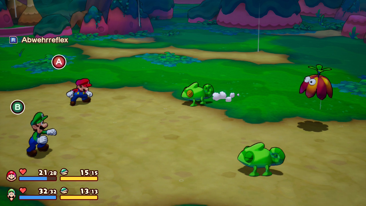 Einblick in die rundenbasierten Kämpfe: Mario und Luigi wehren gerade Gegner mit dem A- und B-Knopf ab.