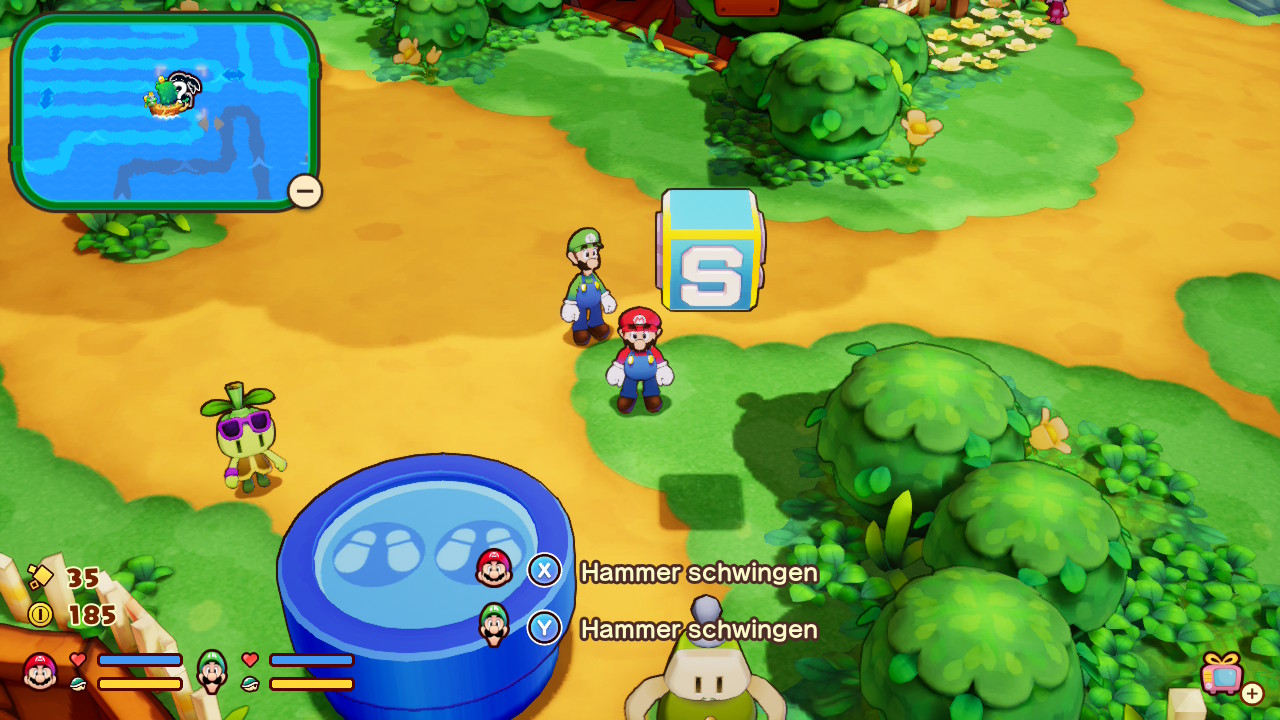 Einblick ins Spiel: Mario und Luigi stehen in einer cartoon-artigen Welt, sie können ihre Hammer schwingen, speichern und auf eine Röhre steigen