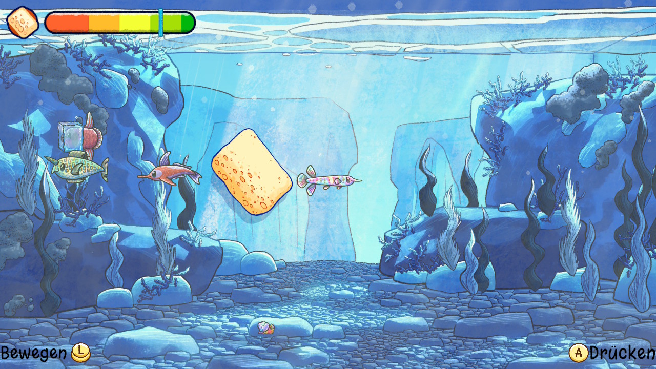 Einblick ins Spiel: Ein gemütlich aussehendes 2D-Aquarium mit ein paar Fischen wird mit einem Schwamm saubergewischt.
