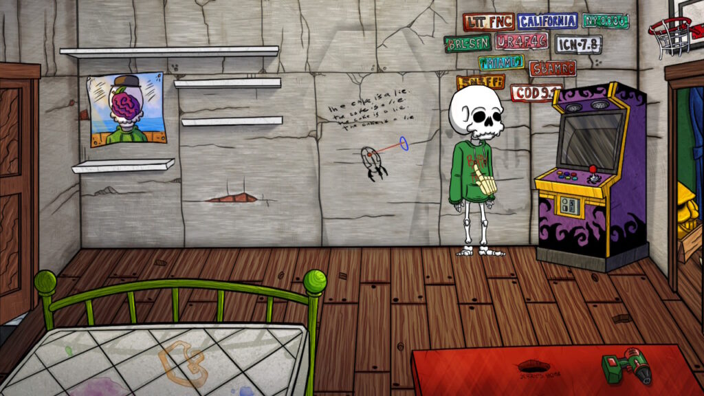 Einblick ins Spiel: Das Skelett Skinny steht in einem fast leer geräumten Schlafzimmer. Cartoonartiger Stil.