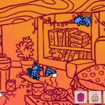 Ein Wimmelbild von einem Wohnzimmer mit angrenzender Küche. Der Hintergrund ist orange, die gefundenen Hunde blau, die gefundenen Gegenstände pink. Unten links ist eine Anzeige von gefundenen und noch zu findenden Hunden. Gleich daneben ist eine Hundepfeife. Rechts unten im Bild sind Gegenstände zum finden abgebildet. Oben links ist eine kleine Karte, die zurück zur Levelübersicht führt.